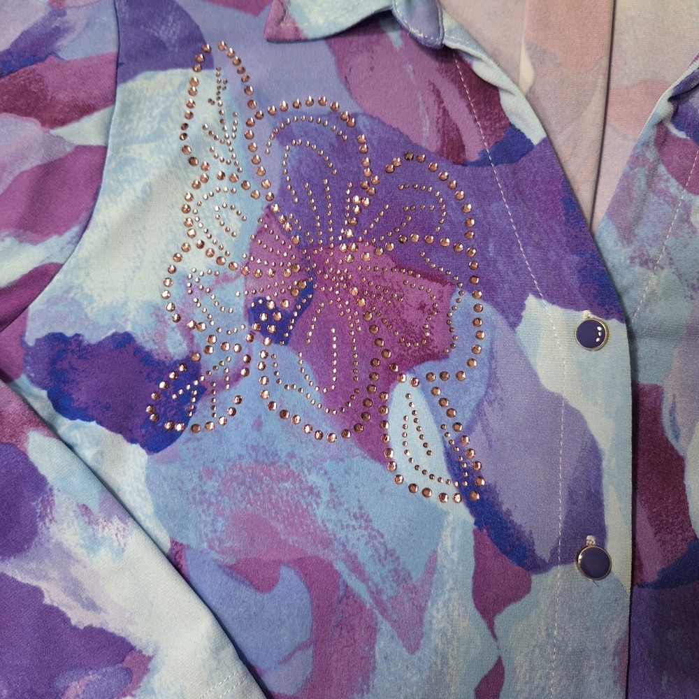 Susan Graver Liquid Knit Button Up Blouse Women LP Floral Watercolor Bling Art - Picture 3 of 9